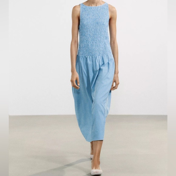 Zara Dresses & Skirts - Zara Gingham Sleeveless Drop Waist Midi Dress| Blue & White | Size Medium